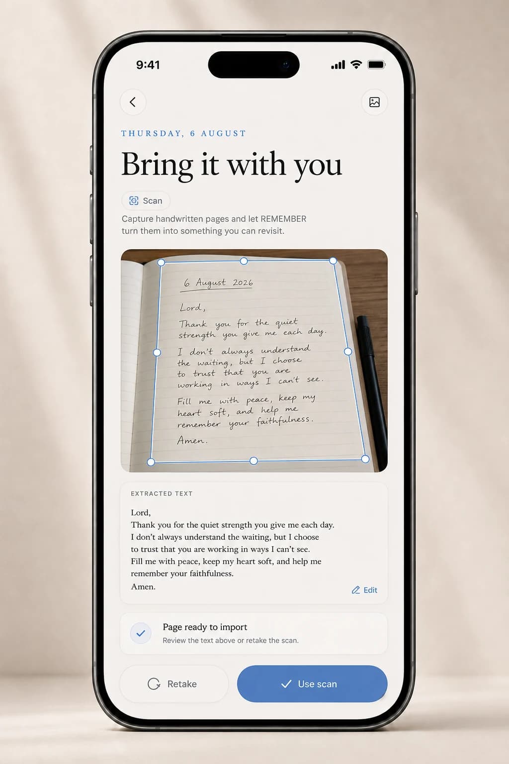 REMEMBER Scan screen turning a handwritten journal page into searchable text while keeping the original