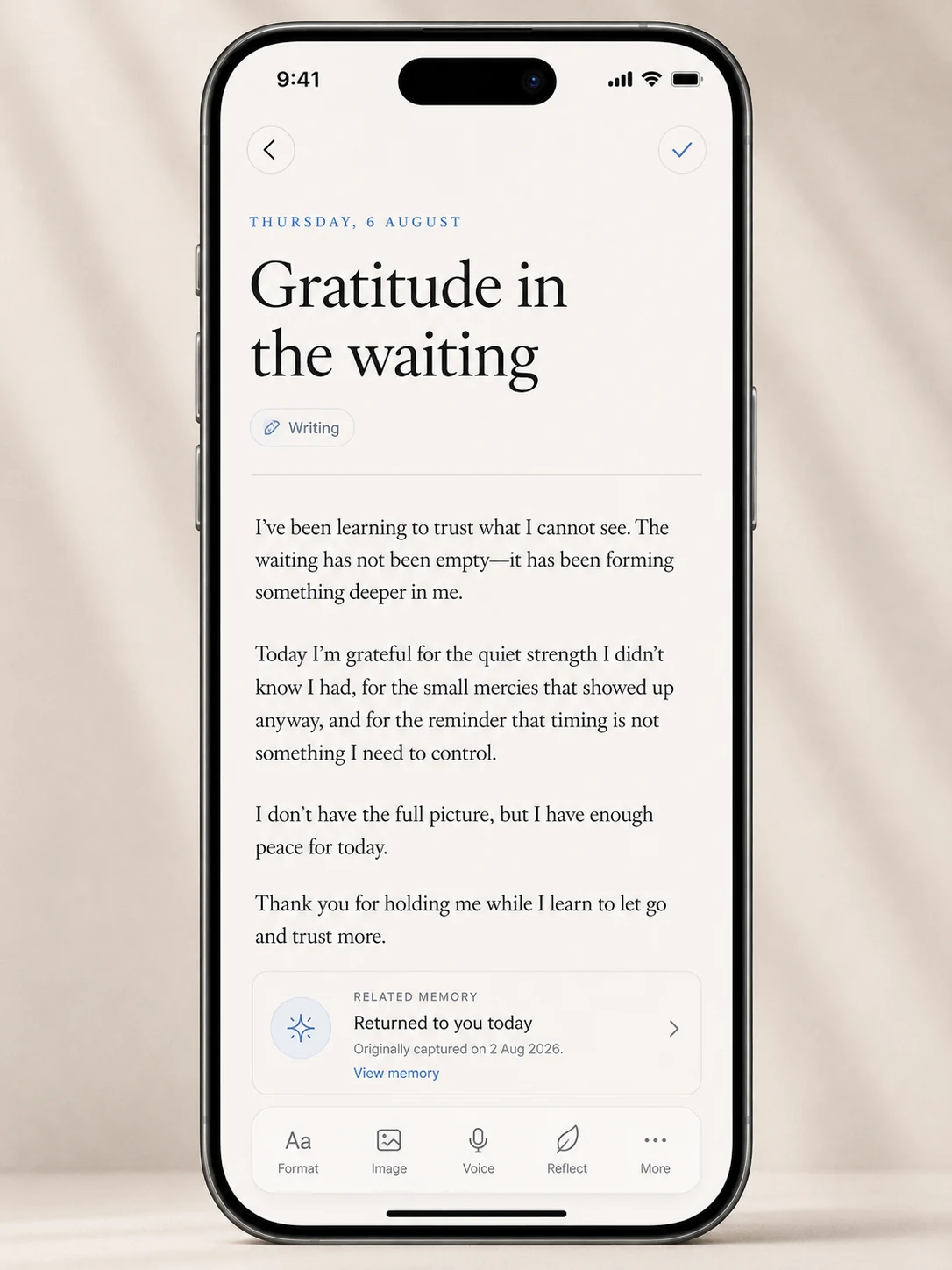 REMEMBER writing screen with a personal reflection
