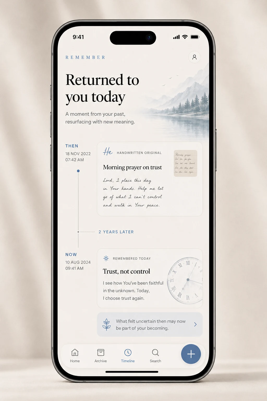 REMEMBER returned memory screen comparing an older handwritten prayer with a later reflection